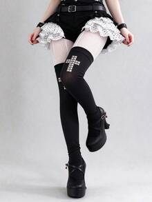 STAR RIVER Dark Punk Style Cross & Rivet Black Over-The-Knee Socks, Gothic Subculture Hot Girl Long Tube Socks, Halloween - Multicolor - View 5