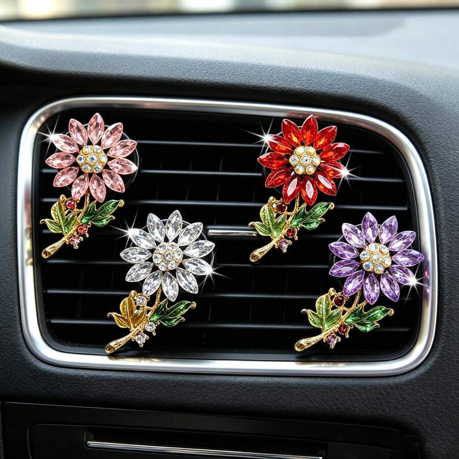 2/4pcs Crystal Sunflower Car Air Vent Aromatherapy Clip, Rhinestone Flower Decorative Fragrance Pad Interior Ornament - Crystal Flower - View 1