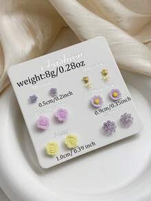 6 Pairs Purple Gradient Daisy & Tulip Stud Earrings, Suitable For Women's Daily Wear And Outings - Multicolor - View 4