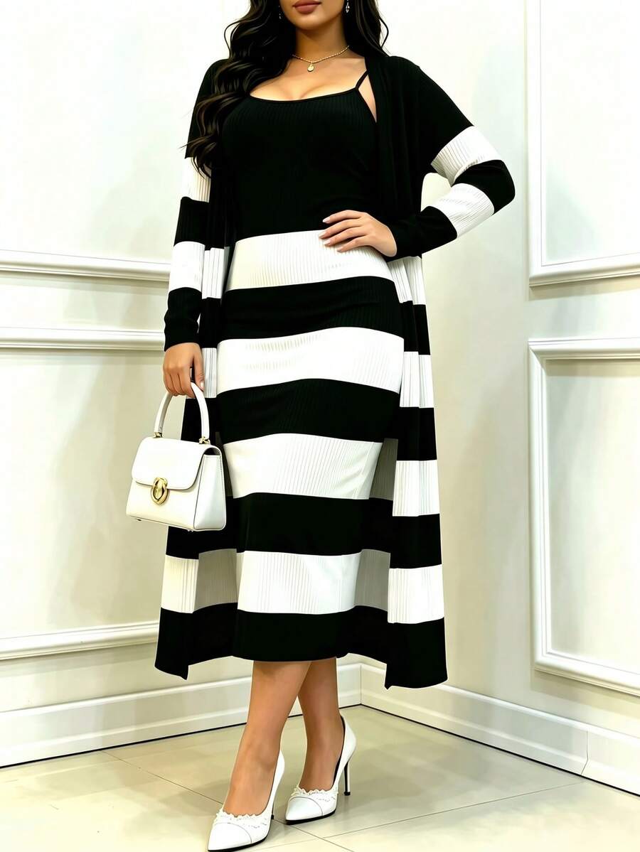 Women 2 Pcs Black And White Striped Dress & Long Cardigan Set, Spaghetti Strap Bodycon Midi Dress, Open Front Knit Cardigan - Black - View 1