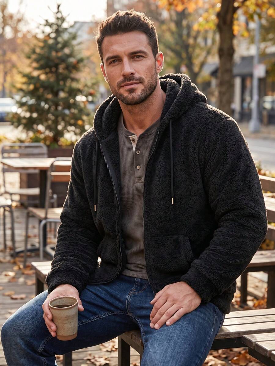 Men's Solid Color Fleece Zip-Up Hoodie With Drawstring, Winter Warm Casual Jacket - Black - View 1