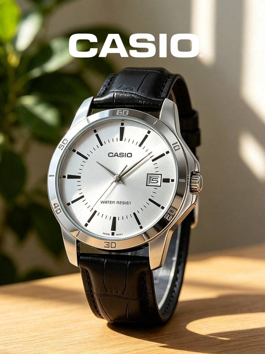 Casio Silver Case Single Date White Dial Black Embossed Strap Men's Quartz Watch MTP-V004L-7A - Silver - View 1