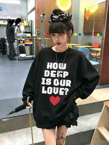 Slogan Niche SEBERAPA DALAM CINTA KITA? Sweatshirt Motif Hati Wanita, Potongan Longgar, Ramping, Leher Bulat, Lengan Panjang, Musim Gugur/Dingin - Hitam - View 10