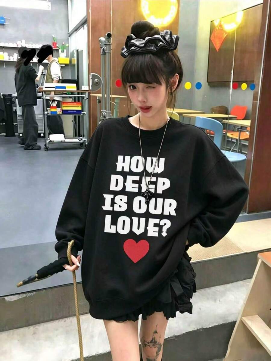 Niche Slogan HOW DEEP IS OUR LOVE Heart Pattern Sweatshirt Women Loose Fit Slimming Round Neck Long Sleeve Autumn/Winter - Black - View 1