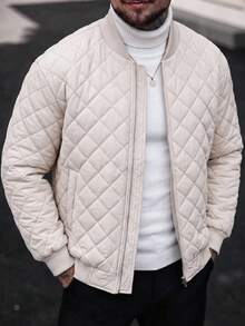 Blueprint Man 1pc Men's White Diamond Quilted Baseball Collar Jacket, Smooth Metal Zipper Closure, Symmetrical Side Pockets, Loose Drop Shoulder Fit, Casual Commute Daily Layering, Minimalist Casual Style - White - View 10
