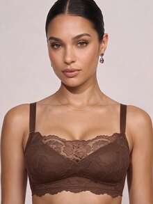 Cheekology Wireless Black Lace Bra, Supportive & Comfortable, Thin Sheer Mesh, Sexy & Alluring For Women, Confidence Boost - Coffee Brown - View 5