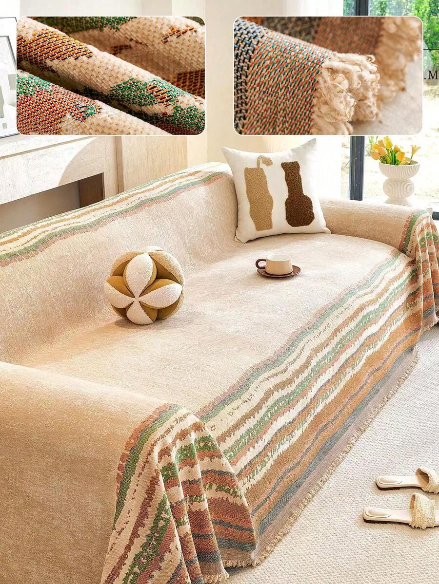 1pc Modern Minimalist Dopamine Striped Pattern Chenille Sofa Cover, Machine Washable, Pet-Friendly Sofa Throw, Suitable For 1/2/3/4 Seater And Sectional Sofas, For Bedroom And Living Room Home Decor - Multicolor - View 1