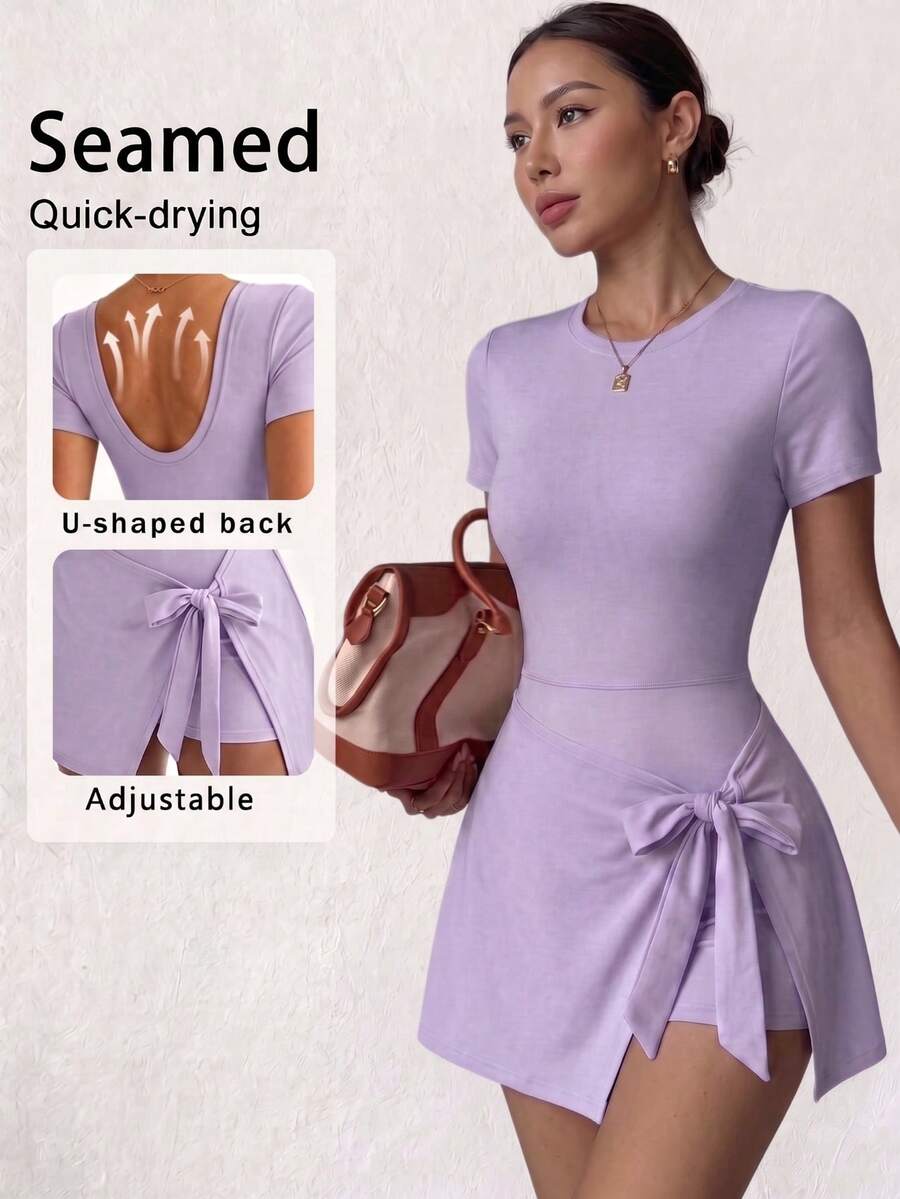 Hot Girl Style Short Sleeve Sports Skirt And Shorts One-Piece 2 In 1 Tennis Skirt, Create Atmospheric Hot Girl Outfit Summer - Mauve Purple - View 1