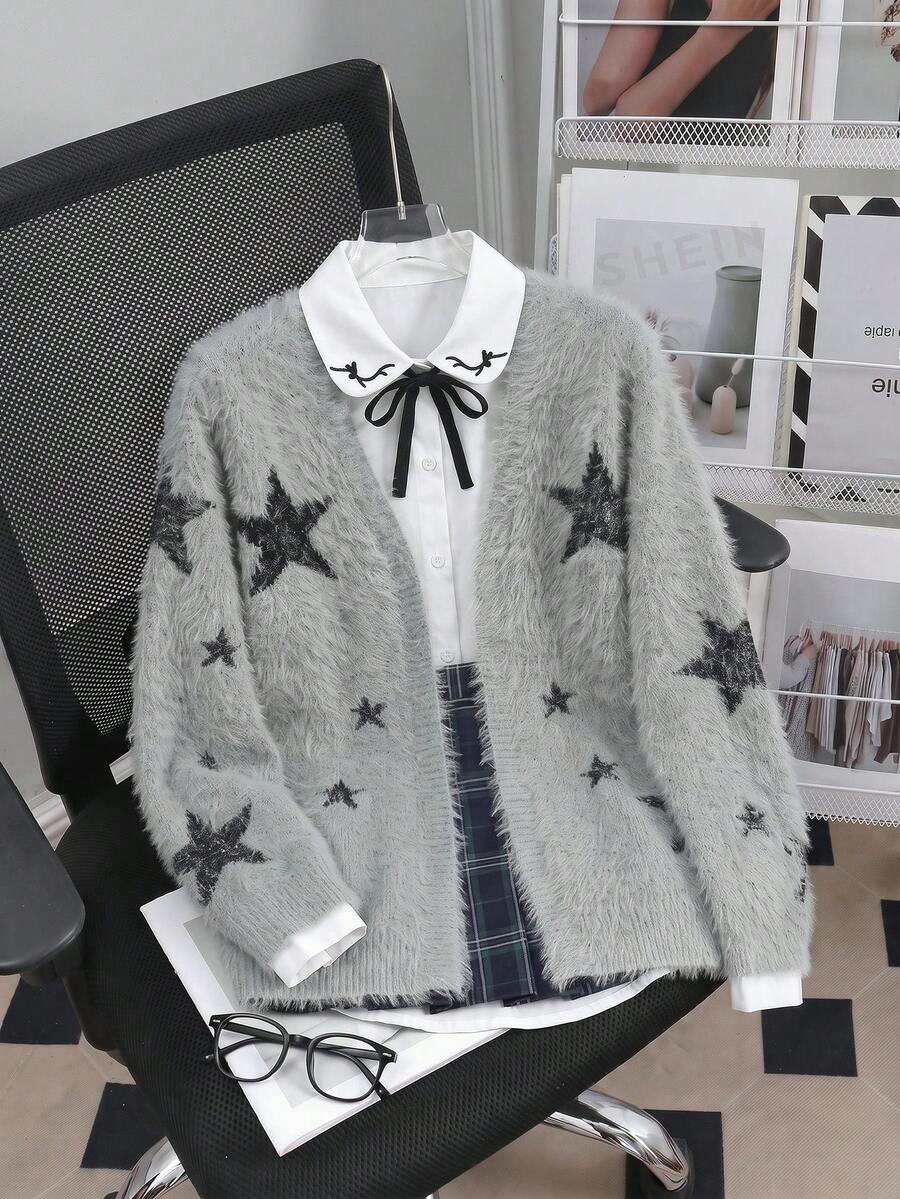 Girls' Fashion Star Jacquard Pattern Casual Cardigan, Warm Soft Mink Fur V-Neck Knit Jacket, Suitable For Girls' Autumn/Winter Campus Wear, Daily Outfit, Travel And Street Photography - Light Grey - View 1
