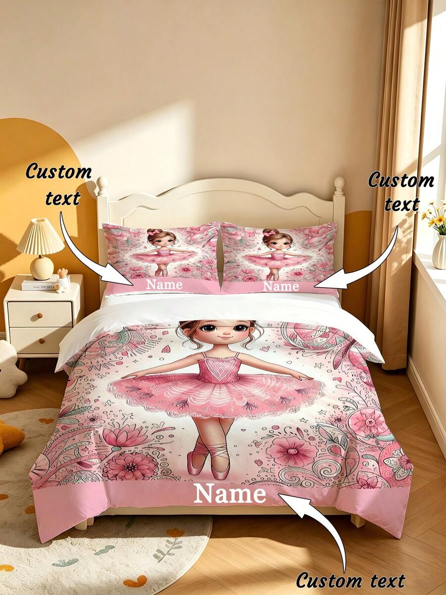 Bộ vỏ chăn khóa kéo 2/3 món in hoa ballet màu hồng in tên tùy chỉnh, chất liệu polyester mềm chống nhăn, phong cách công chúa dễ thương cho phòng ngủ, dùng cho mọi mùa, thiết kế đảo mặt, thẩm mỹ Balletcore - Nhiều màu - Xem 1
