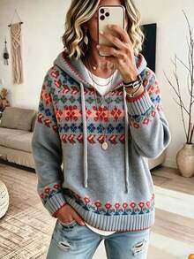 Women's Fall Winter Heather Grey Fair Isle Jacquard Hooded Drawstring Soft Fuzzy Knit Pullover Sweater, Contrast Trim Cozy Casual Daily Holiday Wear - Grey - View 2