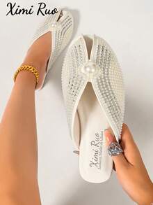Ximi Ruo Women's Peep-Toe Slide Sandals Spring New Fashion Outdoor Flat Rhinestone Closed Toe Slippers Slouchy Mule Shoes Internet Celebrity Closed Toe Slippers Women's Shoes Outdoor Spring Summer New Fashion Pointed Toe Chunky Heel Mule Shoes Rhinestone - White - View 8