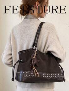 FEISTURE 1pc Large Capacity Rivet Inlaid Suede & PU Patchwork Shoulder Bag, Fashionable Oversized Tote Bag, Suitable For Girls, Women, College Students, New Professionals And White-Collar Workers, Perfect For Work, Business, Commuting, School - Coffee - View 4