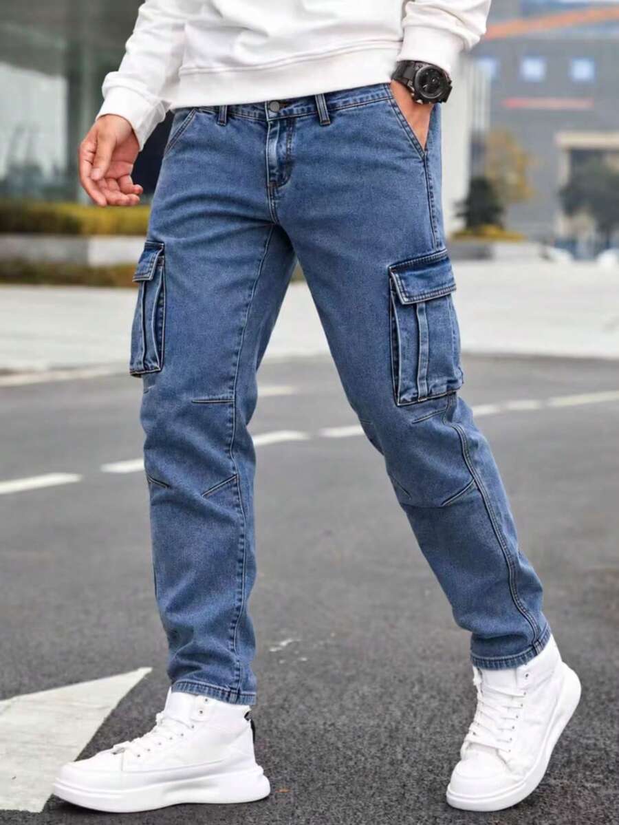 Men's New Autumn/Winter Deep Blue Washed Stretch Straight Leg Cargo Jeans, Casual Denim Pants - Medium Wash - View 1