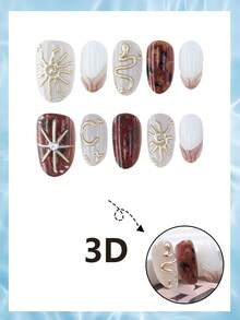 10片中號杏仁形穿戴甲，秋季風格 3D 金色太陽與蛇紋圖案，白色水鑽裝飾法式指尖全包假指甲，適合女性與女孩日常配戴 - 酒紅色 - 查看 3