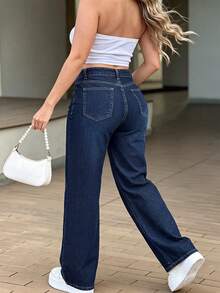 High-Waist High-Street Elegant Wide-Leg Denim Jeans For Women, All-Season New Casual Versatile Drapey Floor-Length Pants - Dark Wash - View 6