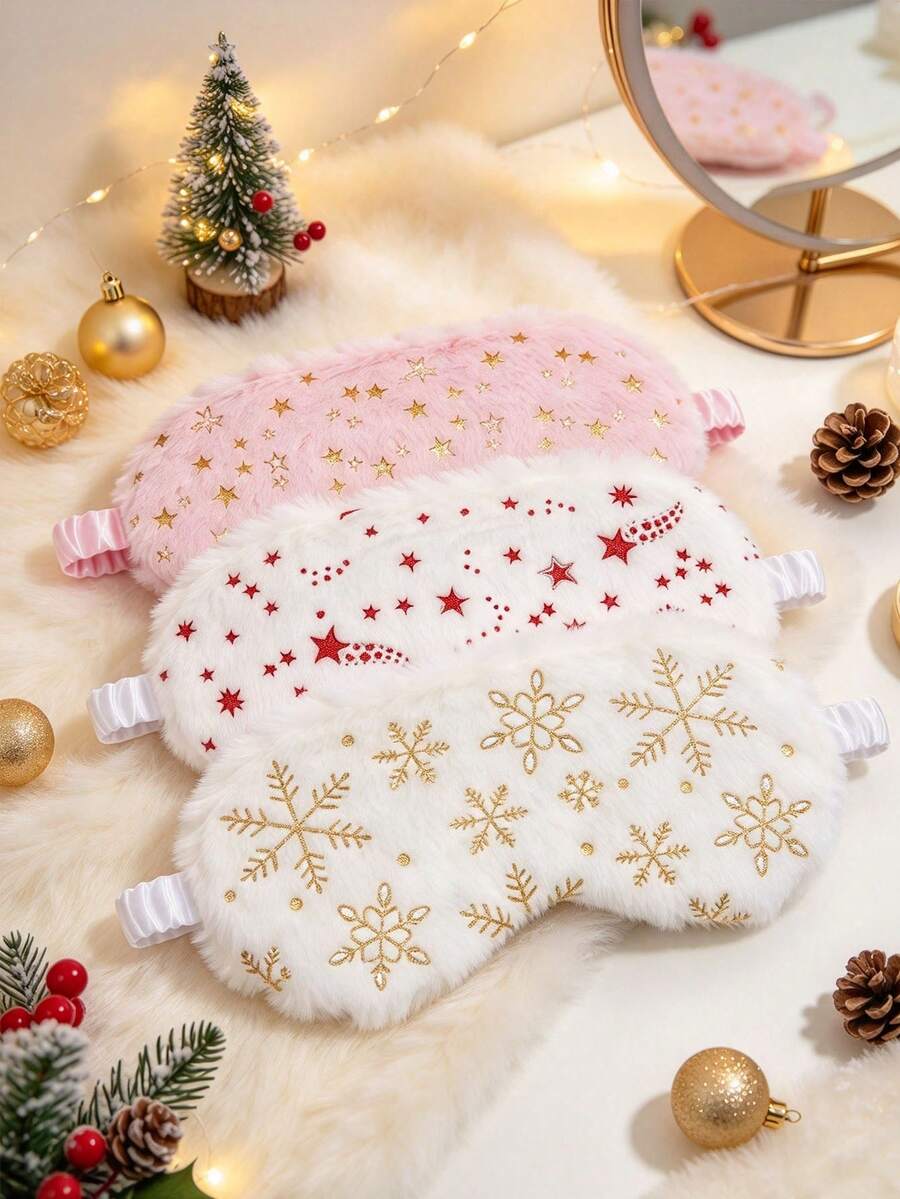1PCSChristmas Eye Mask, Plush Sleep Mask, Christmas Sleeping Accessory For Women Girls, Star Snowflake Moon Pattern Eye Mask, Soft Furry Blindfold, Cute Holiday Sleep Mask For Travel Nap And Daily Rest, Sweet Christmas Gift
