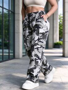 Women's Outdoor Workwear Long Pants, Loose Straight Leg Camouflage Trousers, Autumn - White - View 3