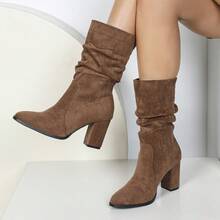 Women's Ruched Chunky Heel Boots, 2024 Autumn/Winter New French Chic Square Toe High Heel Versatile Elastic Slip-On Boots, Runs Half Size Large - Mocha Brown - View 10