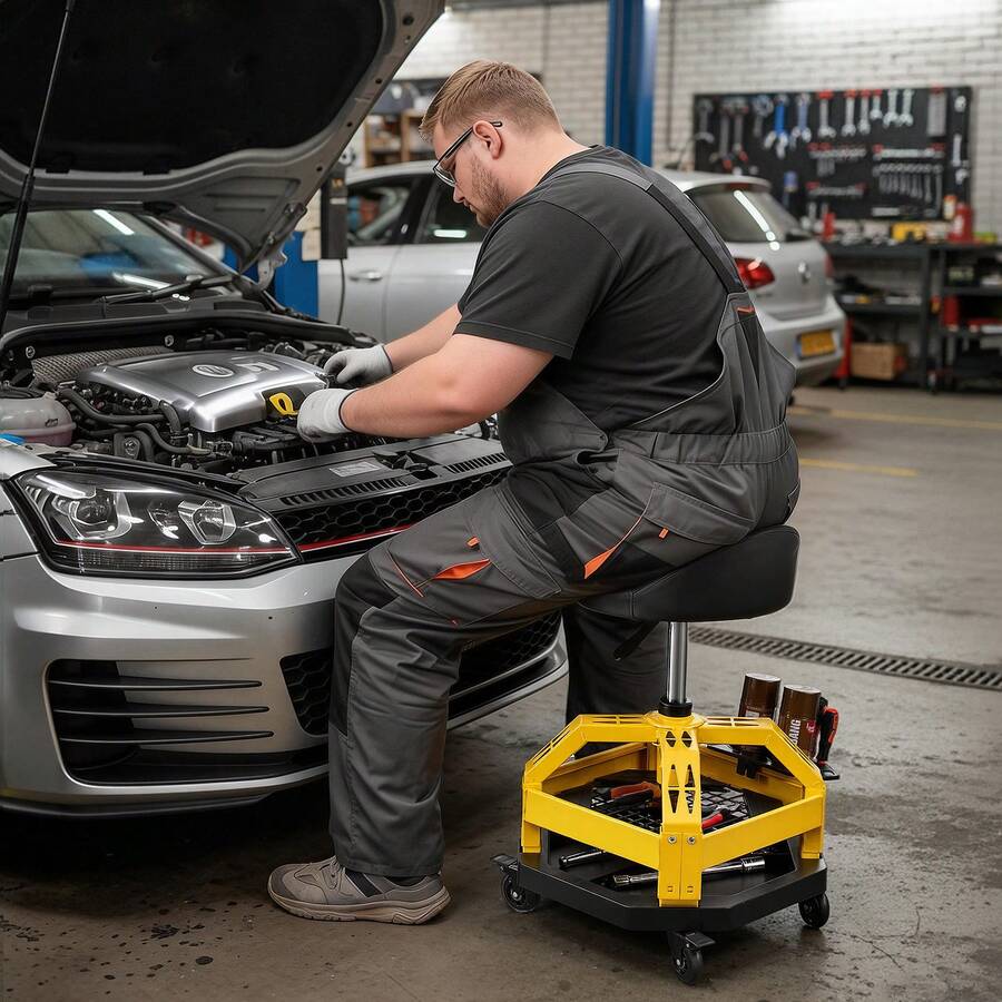 Rolling Shop Stool With Wheels, 19.7"-25.6" Adjustable Height, 360° Swivel, 330 Lbs Capacity, Garage Work Mechanic Stool With Backrest, Tool Tray Storage, Padded Seat Shop Chair, Black/Yellow - 330 Lbs - View 1