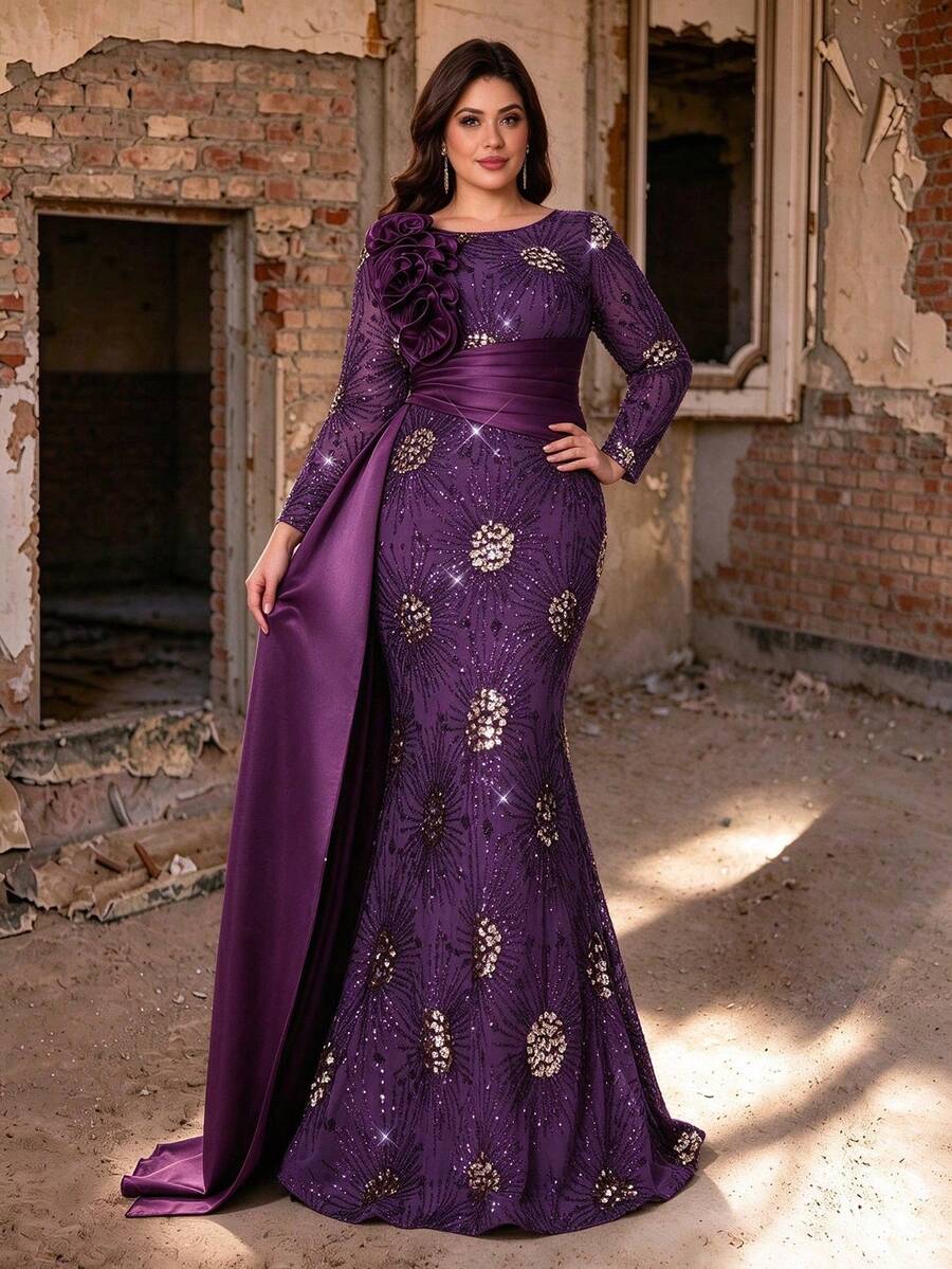 Plus Size Fall Winter Long Sleeve Sequin Embroidered 3D Floral Cinched Waist Mermaid Maxi Dress With Satin Sash For Party Wedding Festival Dates - Purple - View 1