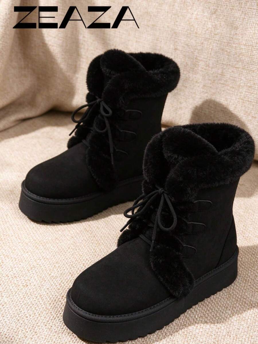 [ZEAZA]Solid Color Casual Style Faux Suede Fabric With Faux Fur Lining Bow Decor Thick Sole Snow Boots, Suitable For Daily Outdoor, Winter Warm Ankle Boots - Black - View 1