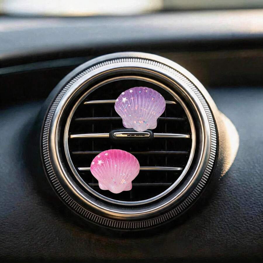 2pcs Summer Fresh Iridescent Gradient Shell Car Air Vent Decor, Suitable For Women's Car Interior Accessories, Holiday Gift Choice, Fragrance-Free - For Decoration Only - A - View 1