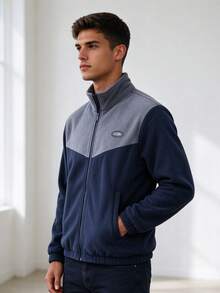 1pc Men's Autumn/Winter Colorblock Fleece Stand Collar Zip Jacket, Retro Contrast Warm Outerwear, Casual Commute Coat - Blue - View 4