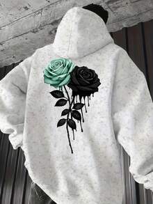 Men's Snowflake Washed Distressed Hoodie With Dual-Color Rose Print Loose Fit Pullover - White - View 2