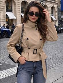 Women's Solid Color Front Button Pocket Belt Trench Coat, Elegant Commute Street Style, Autumn Winter Spring, Quiet Luxury - Khaki - View 1