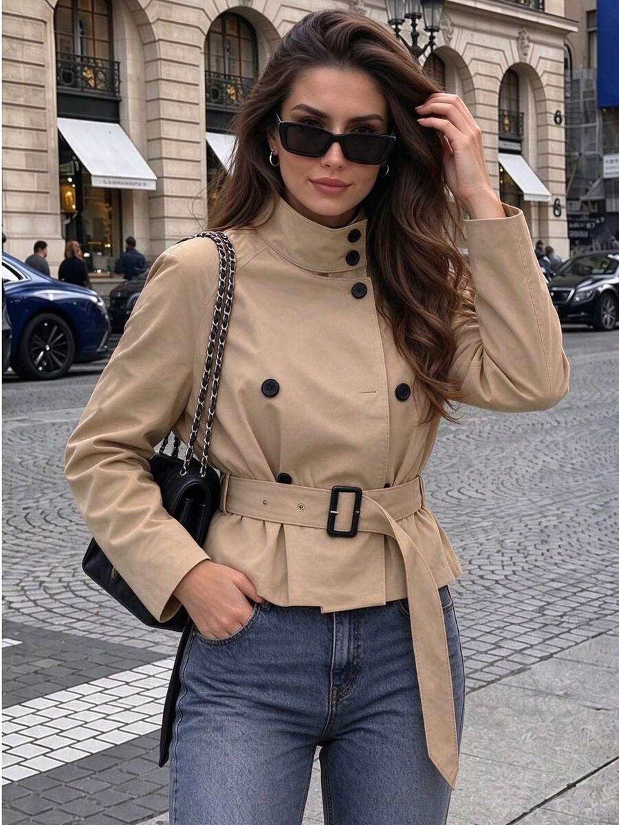 Women's Solid Color Front Button Pocket Belt Trench Coat, Elegant Commute Street Style, Autumn Winter Spring, Quiet Luxury - Khaki - View 1