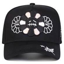 1pc Men's Sunflower Expression Truck Driver Hat, Embroidered Baseball Cap, Street Fashion 5-Panel Hat, Outdoor Sun Protection Casual Cap For Spring/Autumn Travel, Beach Vacation - Black - View 3