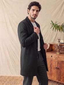 glestore Men's Retro-Style "Old Money" Look Button-Front Solid-Color Mid-Length Coat: Simple, Casual, Comfortable, Commuter-Friendly, And Versatile - Black - View 3