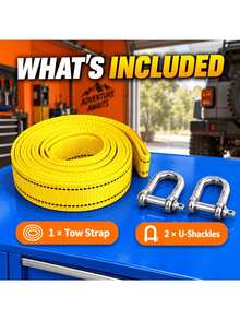 Car Emergency Towing Strap Set, Yellow Braided Tow Rope, Extra Wide Webbing, Includes 2 Metal Shackles, Vehicle Towing Rescue Connection Tool, Suitable For Cars, SUVs, Pickups, Off-Road Vehicles, Camping, Outdoor Backup - Multicolor - View 6