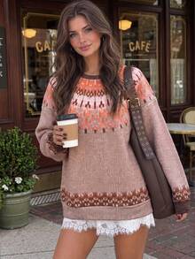 Women's Warm Brown & Orange Fair Isle Pattern Drop Shoulder Long Sleeve Casual Sweatshirt - Multicolor - View 1
