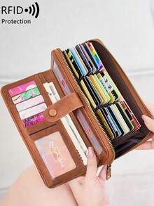 MIYIN Women's RFID Anti-Theft Wallet, Fashionable Vintage Large Capacity Multi-Card Slot Credit Card Organizer, Multi-Function Zipper Wallet With Wrist Strap, Hollow Design, Snap Closure, Double Fold Long Wallet, Business Casual, Suitable For Daily Outings, Shopping, Business Commuting - Multicolor - View 4
