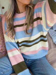 Women's Casual Striped Knit Sweater, Long Sleeve Regular Length Pullover, Comfortable Loose Fit - Multicolor - View 1