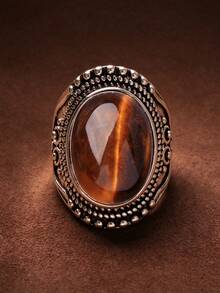 1pc Natural Tiger Eye Oval Ring, Single Gemstone Ring, Multiple Styles Available Stone Jewelry - Tiger Eye Stone - View 7