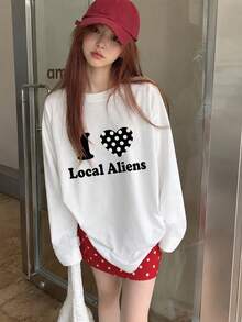 Women's Fashion Autumn/Winter Loose Minimalist Versatile Letter & Heart Print Long Sleeve T-Shirt - White - View 3