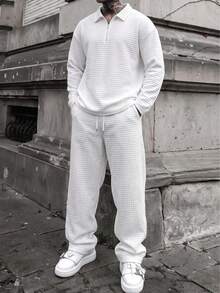 Mature Style Men's White Waffle Texture Set Half Zip Collar Casual Two Pieces Outfit Spring Autumn - White - View 1