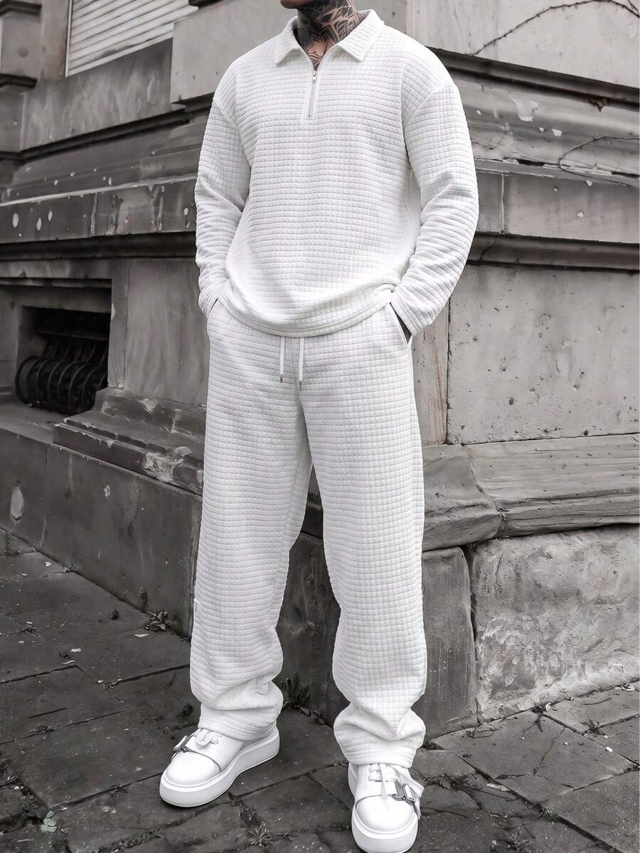 Mature Style Men's White Waffle Texture Set Half Zip Collar Casual Two Pieces Outfit Spring Autumn - White - View 1