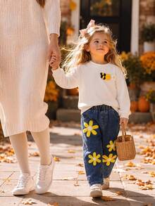 2pcs Set Baju Sweatshirt Lengan Panjang Motif Bunga 3D Kasual untuk Bayi Perempuan & Celana Jeans Denim, Tipis, Musim Semi/Musim Gugur - Putih - View 1