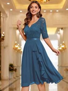 MIUSOL Sweetheart Neckline Floral Lace Ruffle Semi-Formal Party Dress, Homecoming Dance Dress, Suitable For Birthday, Wedding Guest, Dinner - Dusty Blue - View 7