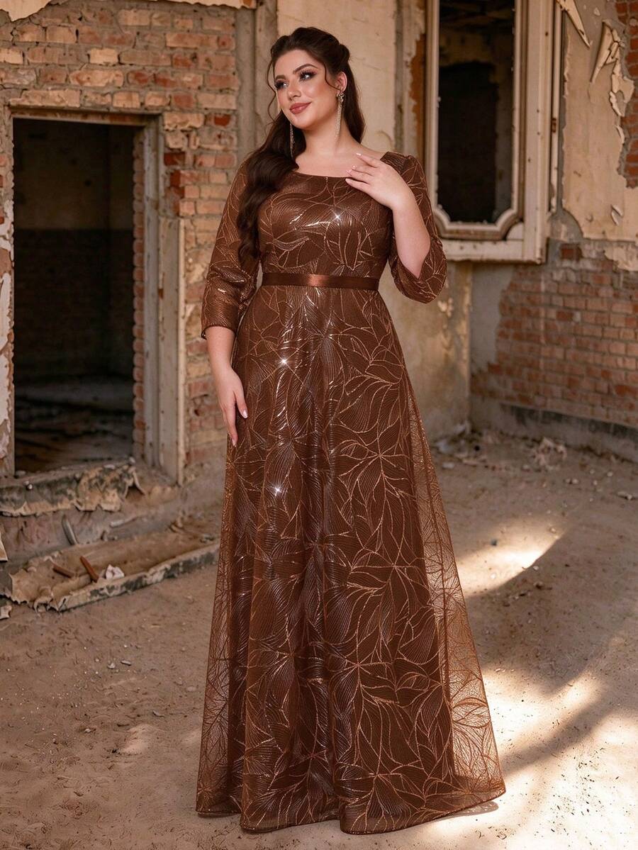 Mgiacy Summer/Autumn Luxury Elegant Plus Size Champagne Sequin Tulle Maxi Dress, Leaf Embroidery A-Line Silhouette, Floor-Length Waistline, Suitable For Wedding Mother Of The Bride Party Celebration Formal Occasions - Brown - View 1
