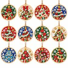12Pcs 10cm Round Wooden DIY Pearl Diamond Painting Ornaments Kit, Christmas Tree Poinsettia Snowflake Pattern Hanging Pendants, Xmas Tree Handmade Craft Decor With Hemp Rope - View 2