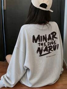 Sweatshirt Streetwear Bolak-balik dengan Motif Grafiti Huruf, Abu-abu Muda, Ukuran Besar, Serbaguna, Kasual, Musim Semi dan Gugur, Lapisan Dasar - Light Grey - View 6