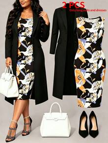 Women Plus Size 2 Pieces Set, Casual Versatile Long Solid Color Cardigan Jacket + Elegant Daily Sleeveless Floral Print Mid-Length Dress, Autumn/Winter - Multicolor - View 1