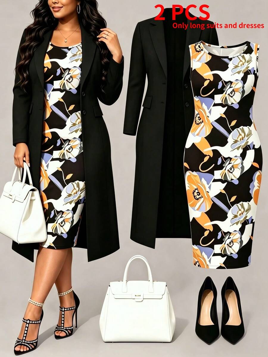 Women Plus Size 2 Pieces Set, Casual Versatile Long Solid Color Cardigan Jacket + Elegant Daily Sleeveless Floral Print Mid-Length Dress, Autumn/Winter - Multicolor - View 1