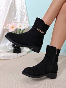 Women's Thick Sole Ankle Boots, Fashionable Minimalist Comfortable Commuter Style With Side Zipper And Metal Buckle Design, Black - Black - View 1