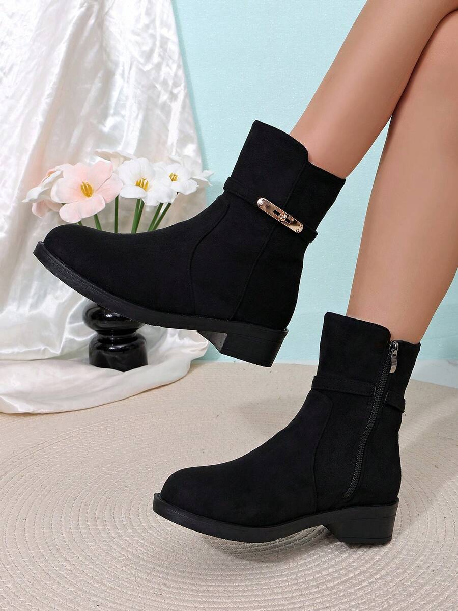 Women's Thick Sole Ankle Boots, Fashionable Minimalist Comfortable Commuter Style With Side Zipper And Metal Buckle Design, Black - Black - View 1